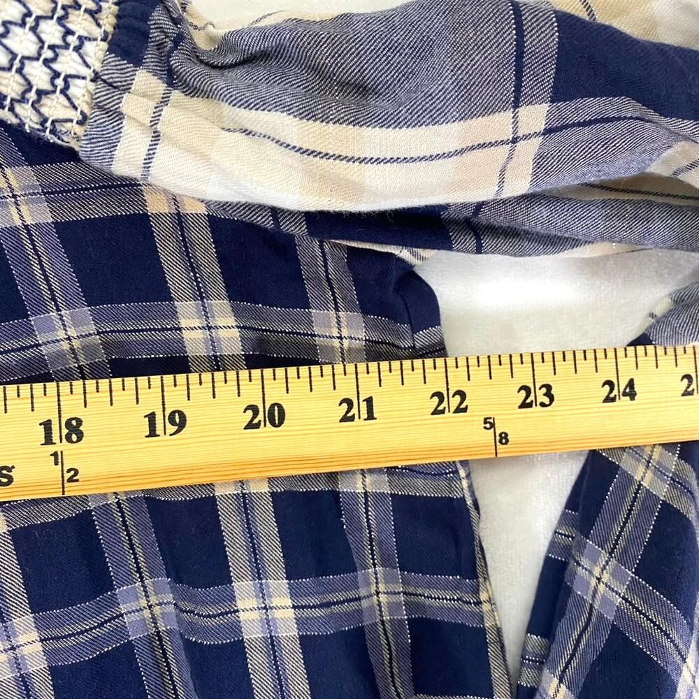 Ann Taylor Loft Women's Blue Plaid Off-the-Shoulder Blouse Flared Sleeves Sz L - Picture 6 of 7